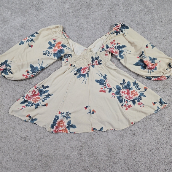 Free People Francesca Mini Dress Babydoll V Neck Puff Sleeves Cream Floral Boho - Picture 11 of 11